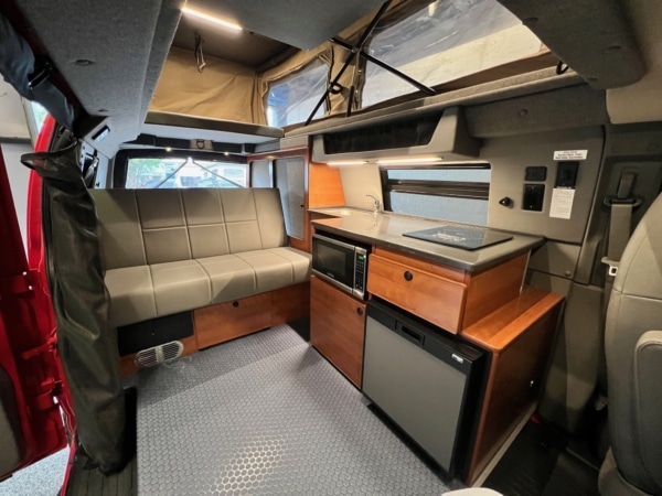 Interior of a converted Chevrolet Express.