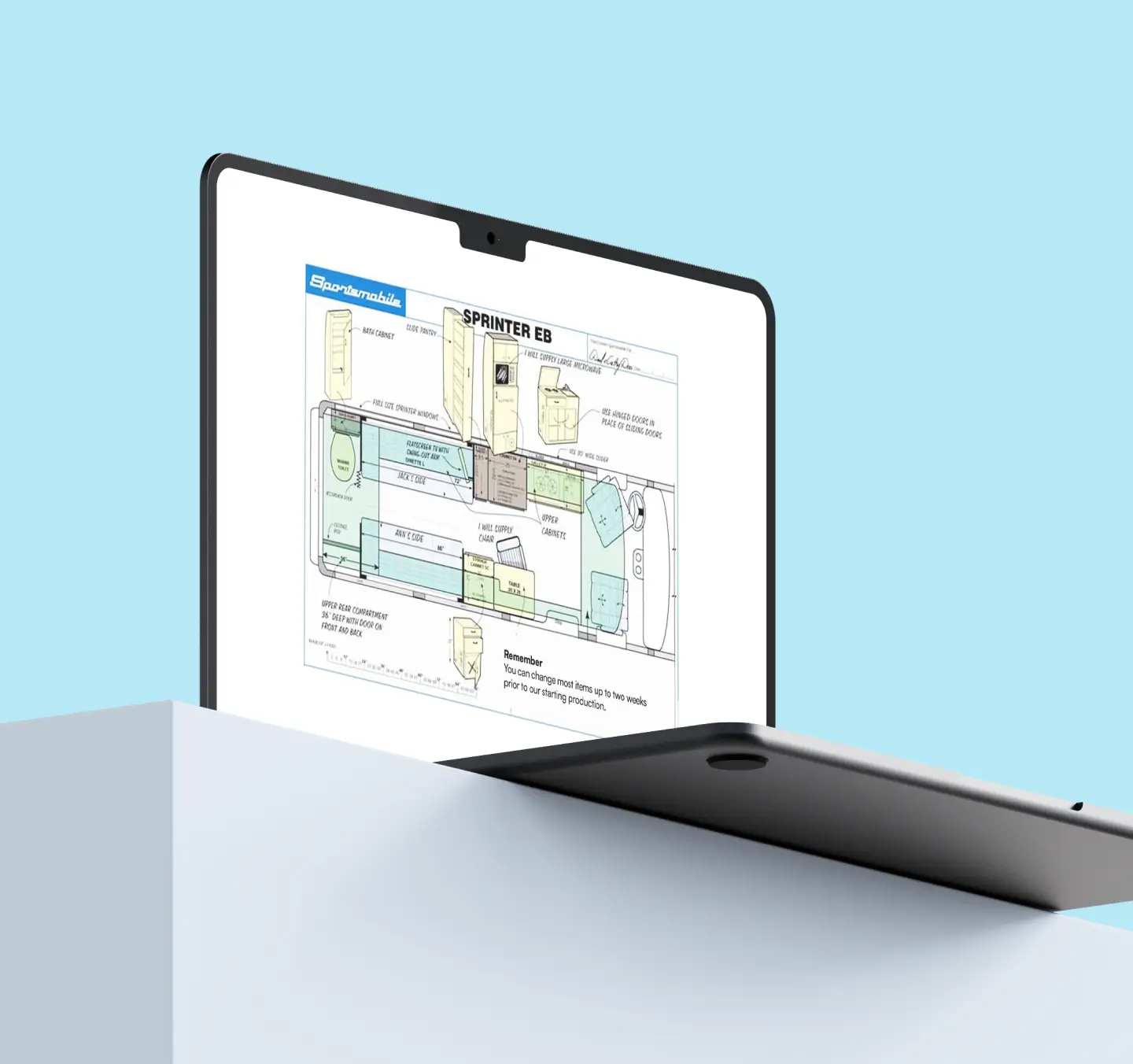 Macbook Air with opened floor plans for converted vans.
