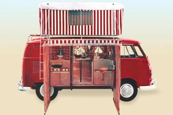 Red van converted by Sportsmobile in 1961.